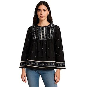 New! ZARA Women Embroidered Black Blouse with Blue and cream Accents